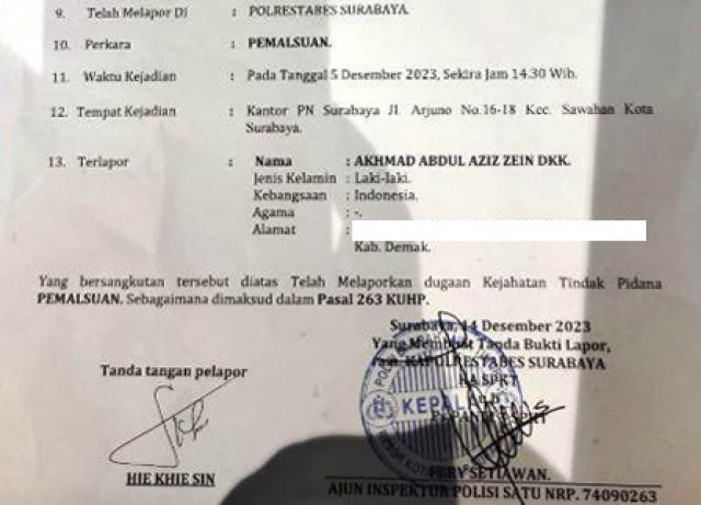 Kurator Azis Diduga Palsukan DPT, Debitur Hie Khie Sin Lapor Polisi